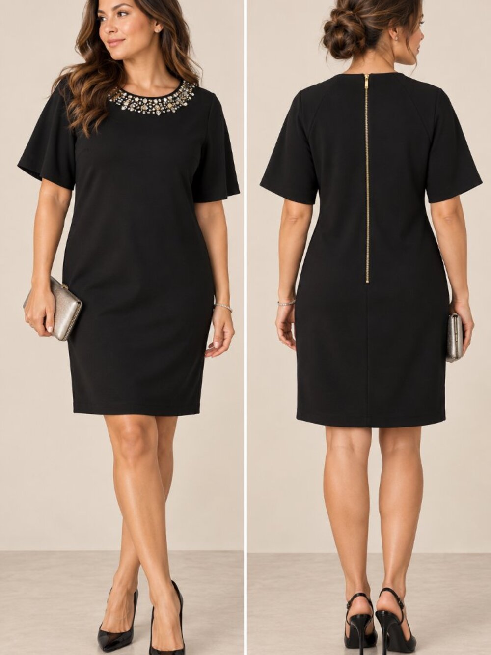 Eliza J Black Jeweled Embellished Neck Shift Cocktail Dress Size 2